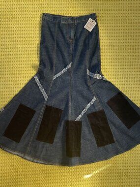 NWT RELIC Denim Mermaid Trumpet Maxi Skirt Sz 6 Flared Contrast Panel Statement